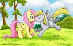 Size: 1052x670 | Tagged: safe, artist:rinacat, derpy hooves, fluttershy, pegasus, pony, g4, derpyshy, female, lesbian, mare, nuzzling, shipping