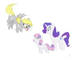 Size: 900x729 | Tagged: safe, artist:carnifex, derpy hooves, rarity, sweetie belle, pegasus, pony, g4, female, letter, mare