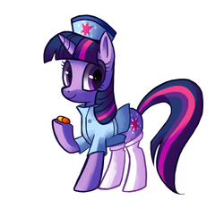 Size: 964x898 | Tagged: safe, artist:reuniclus, twilight sparkle, pony, unicorn, g4, clothes, female, nurse, nurse outfit, pills, socks, unicorn twilight, white socks