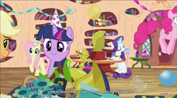 Size: 853x474 | Tagged: safe, screencap, applejack, fluttershy, pinkie pie, rarity, twilight sparkle, earth pony, pegasus, pony, unicorn, g4, secret of my excess, female, hub logo, logo, mare, the hub, unicorn twilight, youtube caption