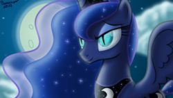 Size: 1200x675 | Tagged: safe, artist:bonaxor, nightmare moon, princess luna, pony, g4, bedroom eyes, bust, dragon eyes, female, moon, nightmare luna, slit pupils, smiling, solo, spread wings