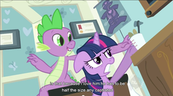 Size: 852x473 | Tagged: safe, edit, edited screencap, screencap, spike, twilight sparkle, dragon, pony, unicorn, g4, secret of my excess, anatomy chart, caption, chart, female, male, mare, youtube caption