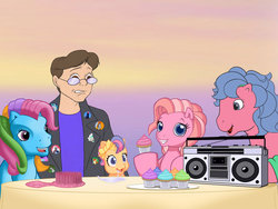 Size: 900x675 | Tagged: dead source, safe, artist:chadrocco, melody, pinkie pie (g3), rainbow dash (g3), scootaloo (g3), earth pony, human, pony, g1, g3, g3.5, my little pony tales, newborn cuties, boombox, chadrocco, cr, cupcake, drool, gradient background