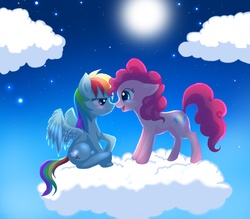 Size: 2912x2550 | Tagged: safe, artist:jacky-bunny, pinkie pie, rainbow dash, g4, cloud, cloudy, female, high res, lesbian, moon, night, ship:pinkiedash, shipping, stars