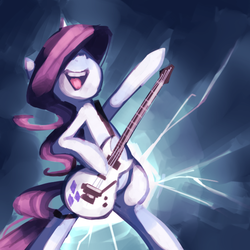 Size: 600x600 | Tagged: source needed, useless source url, safe, artist:karzahnii, rarity, unicorn, semi-anthro, g4, bipedal, blue background, covering eyes, crack, female, guitar, guitarity, hilarious in hindsight, musical instrument, open mouth, pointing, simple background, solo, standing on two hooves