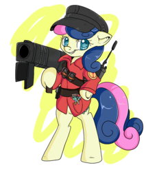 Size: 823x964 | Tagged: safe, artist:lustrous-dreams, bon bon, lyra heartstrings, sweetie drops, earth pony, pony, semi-anthro, g4, bipedal, clothes, grenade, looking at you, rocket launcher, smiling at you, soldier, soldier (tf2), team fortress 2