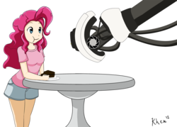 Size: 1540x1100 | Tagged: safe, artist:kprovido, pinkie pie, human, robot, g4, black forest cake, cake, crossover, glados, humanized, portal (valve), simple background, transparent background