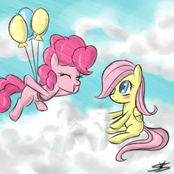 Size: 800x800 | Tagged: safe, artist:speccysy, fluttershy, pinkie pie, g4, balloon, cloud, cloudy, female, filly, foal, then watch her balloons lift her up to the sky