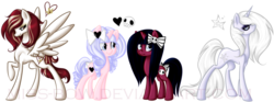 Size: 900x334 | Tagged: safe, artist:miss-bow, oc, oc only, oc:dolce vita, oc:luminesce, oc:oscura vita, oc:royal essence, pegasus, pony, unicorn, bow, female, hair bow, horn, mare, pegasus oc, spread wings, unicorn oc, wings