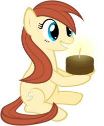 Size: 1024x1243 | Tagged: safe, artist:flutterguy317, oc, oc only, oc:caramel curve, earth pony, pony, birthday cake, birthday candle, blue eyes, brown hair, brown mane, brown tail, cake, candle, earth pony oc, food, grin, gritted teeth, simple background, sitting, smiling, solo, tail, teeth, transparent background, yellow coat, yellow fur
