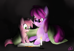Size: 2000x1400 | Tagged: safe, artist:spittfireart, berry punch, berryshine, ruby pinch, earth pony, pony, unicorn, g4, blanket, book, candle, duo, duo female, female, filly, like mother like daughter, like parent like child, mare, mother and daughter
