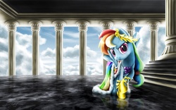 Size: 2400x1500 | Tagged: safe, artist:dcpip, rainbow dash, pegasus, pony, g4, clothes, column, dress, female, gala dress, laurel wreath, looking at you, marble, pink eyes, solo, spread wings, temple, wings