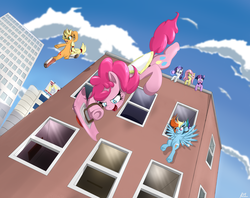 Size: 2999x2376 | Tagged: dead source, safe, artist:reikomuffin, applejack, derpy hooves, fluttershy, pinkie pie, rainbow dash, rarity, twilight sparkle, pegasus, pony, g4, building, falling, female, flying, high res, mare, superhero