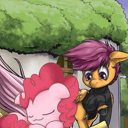 Size: 700x700 | Tagged: safe, artist:aphexangel, pinkie pie, scootaloo, g4, sleeping, stalkerloo