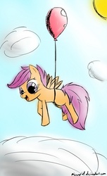 Size: 548x900 | Tagged: safe, artist:microgrid, scootaloo, pegasus, pony, g4, balloon, cloud, cute, cutealoo, female, filly, floating, happy, scootaloo can't fly, sun