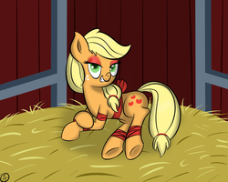 Size: 1250x1000 | Tagged: safe, artist:terra-aquis, applejack, earth pony, pony, g4, bedroom eyes, female, gift wrapped, mare, on side, ribbon, solo