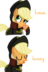 Size: 763x1140 | Tagged: safe, artist:miketheuser, applejack, earth pony, pony, g4, clothes, comic, crossover, dialogue, eyes closed, female, freckles, hat, heresy, imperium, inquisition, inquisitor, mare, open mouth, reaction image, simple background, warhammer (game), warhammer 40k, white background