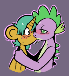 Size: 353x391 | Tagged: safe, artist:mangneto, snails, spike, dragon, pony, unicorn, g4, blushing, crack shipping, duo, duo male, gay, kiss on the lips, kissing, male, older, pixel-crisp art, ship:spails, shipping, sweat