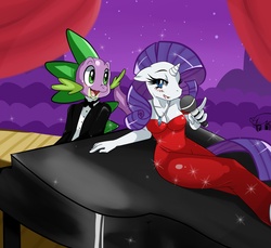 Size: 1582x1447 | Tagged: safe, artist:ss2sonic, rarity, spike, anthro, g4, clothes, curvy, dress, female, male, musical instrument, piano, ship:sparity, shipping, singing, straight