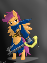 Size: 900x1200 | Tagged: safe, artist:microgrid, scootaloo, pony, g4, bipedal, disney, keyblade, kingdom hearts