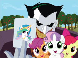 Size: 800x600 | Tagged: safe, apple bloom, princess celestia, scootaloo, sweetie belle, human, g4, batman, crossover, cutie mark crusaders, place yer bets on if he kills them, the joker