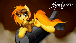 Size: 2560x1440 | Tagged: safe, artist:grumblepluck, spitfire, pegasus, pony, g4, alternate hairstyle, atomic bomb, bomb, clothes, female, goggles, jacket, mare, nuclear weapon, pinup, riding, riding a bomb, solo, wallpaper, weapon