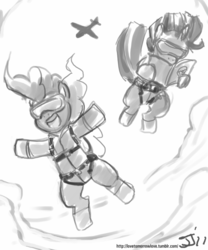 Size: 667x800 | Tagged: safe, artist:johnjoseco, pinkie pie, twilight sparkle, g4, grayscale, monochrome, parachute, skydiving