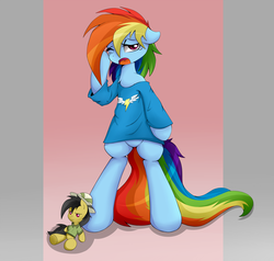 Size: 2100x2000 | Tagged: dead source, safe, artist:grumblepluck, daring do, rainbow dash, pony, g4, bipedal, bottomless, chest fluff, clothes, female, high res, morning ponies, plushie, shirt, sleepy, tired