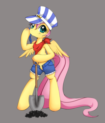 Size: 1496x1748 | Tagged: dead source, safe, artist:grumblepluck, fluttershy, pegasus, pony, g4, mmmystery on the friendship express, bipedal, clothes, coal, costume, female, handkerchief, mare, open fly, shovel, simple background, solo, topless, train, train conductor, uniform