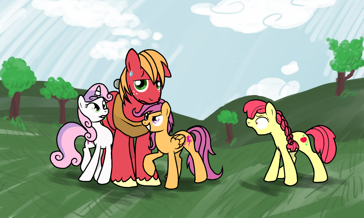 32006 - safe, artist:sotoco, apple bloom, big macintosh, scootaloo, sweetie  belle, earth pony, pegasus, pony, unicorn, g4, adult, big macintosh gets  all the mares, cutie mark crusaders, flirting, male, older, older apple