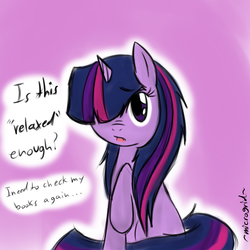 Size: 900x900 | Tagged: safe, artist:microgrid, twilight sparkle, pony, unicorn, g4, alternate hairstyle, bed mane, dialogue, fangs, female, hair over one eye, hilarious in hindsight, looking at you, loose hair, mare, open mouth, raised hoof, raised leg, sitting, solo, text, unicorn twilight, worried