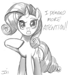 Size: 800x878 | Tagged: safe, artist:johnjoseco, rarity, pony, g4, attention horse, female, grayscale, monochrome, solo