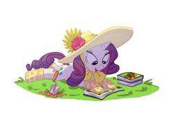 Size: 1033x700 | Tagged: safe, artist:carnifex, rarity, pony, g4, book, gardening, hat, rose, solo