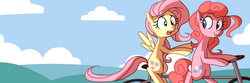 Size: 1440x480 | Tagged: safe, artist:karzahnii, fluttershy, pinkie pie, g4, bicycle, palindrome get, ride to conquer cancer