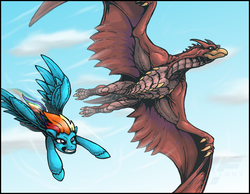 Size: 900x697 | Tagged: safe, artist:almightyrayzilla, rainbow dash, kaiju, g4, crossover, female, godzilla (series), race, rodan, unshorn fetlocks