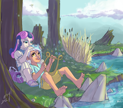 Size: 1075x950 | Tagged: safe, artist:atryl, bon bon, derpy hooves, lyra heartstrings, sweetie drops, human, pegasus, pony, g4, barefoot, cuddling, feet, humanized, lyre, open mouth, outdoors, sandals, ship:lyrabon, shipping, smiling, snuggling, soles, toes, tree, younger