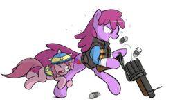 Size: 1960x1200 | Tagged: safe, artist:theparagon, berry punch, berryshine, ruby pinch, earth pony, pony, unicorn, g4, bipedal, clothes, demoberry, demoman, demoman (tf2), drunk, female, filly, glare, grenade, grenade launcher, helmet, leg hold, mare, mother and child, mother and daughter, open mouth, parody, simple background, smiling, team fortress 2, transparent background, weapon, wink