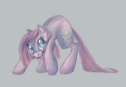 Size: 813x566 | Tagged: safe, artist:coffeechicken, pinkie pie, earth pony, pony, g4, :p, drool, face down ass up, gray background, looking at something, pinkamena diane pie, simple background, smiling, tongue out