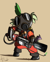 Size: 1100x1361 | Tagged: safe, artist:atryl, spike, dragon, g4, crossover, flamethrower, hilarious in hindsight, male, pyro (tf2), solo, spike pyro, team fortress 2, weapon