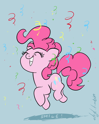 Size: 1100x1373 | Tagged: safe, artist:atryl, pinkie pie, pony, g4, blue background, confetti, cute, diapinkes, eyes closed, female, flat colors, simple background, smiling, solo