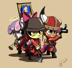 Size: 1254x1200 | Tagged: safe, artist:atryl, apple bloom, scootaloo, sweetie belle, g4, crossover, cutie mark crusaders, soldier, soldier (tf2), team fortress 2