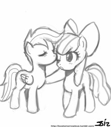 Size: 735x840 | Tagged: safe, artist:johnjoseco, apple bloom, scootaloo, earth pony, pegasus, pony, g4, eyes closed, female, filly, foal, grayscale, kissing, lesbian, monochrome, one eye closed, ship:scootabloom, shipping, signature, simple background, white background