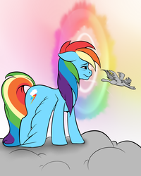 Size: 800x1000 | Tagged: safe, artist:korodious, rainbow dash, pegasus, pony, g4, cloud, duo, female, flying, old, older, older rainbow dash, on a cloud, sky, sonic rainboom, standing on a cloud, wings, wings down