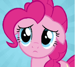 Size: 403x360 | Tagged: safe, screencap, pinkie pie, earth pony, pony, g4, putting your hoof down, season 2, animated, blue background, blue eyes, cropped, ears back, female, floppy ears, frown, mare, pink coat, pink fur, pink hair, pink mane, pink pony, pinkie sad, reaction image, sad, simple background, solo, sunburst background