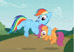 Size: 412x289 | Tagged: safe, screencap, rainbow dash, scootaloo, pegasus, pony, g4, :o, animated, bush, cloud, female, filly, flapping, flapping wings, flying, foal, grass, holding a pony, mare, noogie, open mouth, path, scootalove, sky, wings