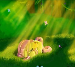 Size: 800x718 | Tagged: safe, artist:russiankolz, fluttershy, butterfly, ladybug, pegasus, pony, g4, crepuscular rays, eyes closed, female, floppy ears, forest, grass, mare, outdoors, prone, sleeping, solo, stray strand