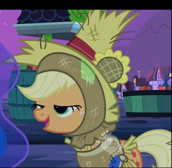 Size: 1165x1141 | Tagged: safe, screencap, applejack, princess luna, alicorn, earth pony, pony, g4, luna eclipsed, season 2, apple, appul, clothes, costume, cropped, derp, female, food, hat, lidded eyes, mare, open mouth, scarecrow, silly, silly pony, smiling, solo focus, who's a silly pony