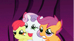 Size: 853x480 | Tagged: safe, screencap, apple bloom, scootaloo, sweetie belle, earth pony, pegasus, pony, unicorn, friendship is magic, g4, animated, blinking, curtains, cutie mark crusaders, female, filly, foal, gif, scared, scrunchy face, trio