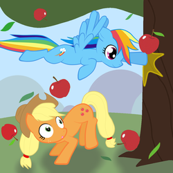 Size: 1000x1000 | Tagged: safe, artist:rawringcarrot, applejack, rainbow dash, earth pony, pegasus, pony, g4, apple, apple tree, apple/apples falling, applebucking, bucking, duo, duo female, female, flying, mare, tree