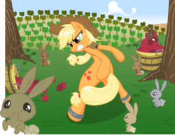 Size: 2439x1885 | Tagged: safe, artist:inceri, applejack, earth pony, pony, rabbit, semi-anthro, g4, apple, apple tree, bipedal, female, fourth wall, fourth wall destruction, mare, tree